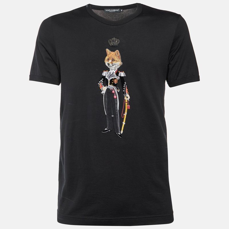 Dolce & Gabbana Black Cotton Royal Fox Appliqued Crew Neck T-Shirt M